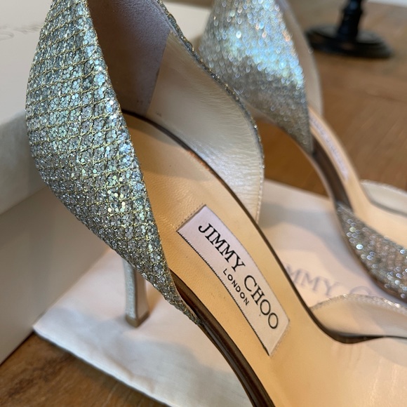 Sold : Jimmy Choo Logan Peep Toe Shimmer Metallic Champagne/Silver Heels (39 ) - Picture 14 of 15